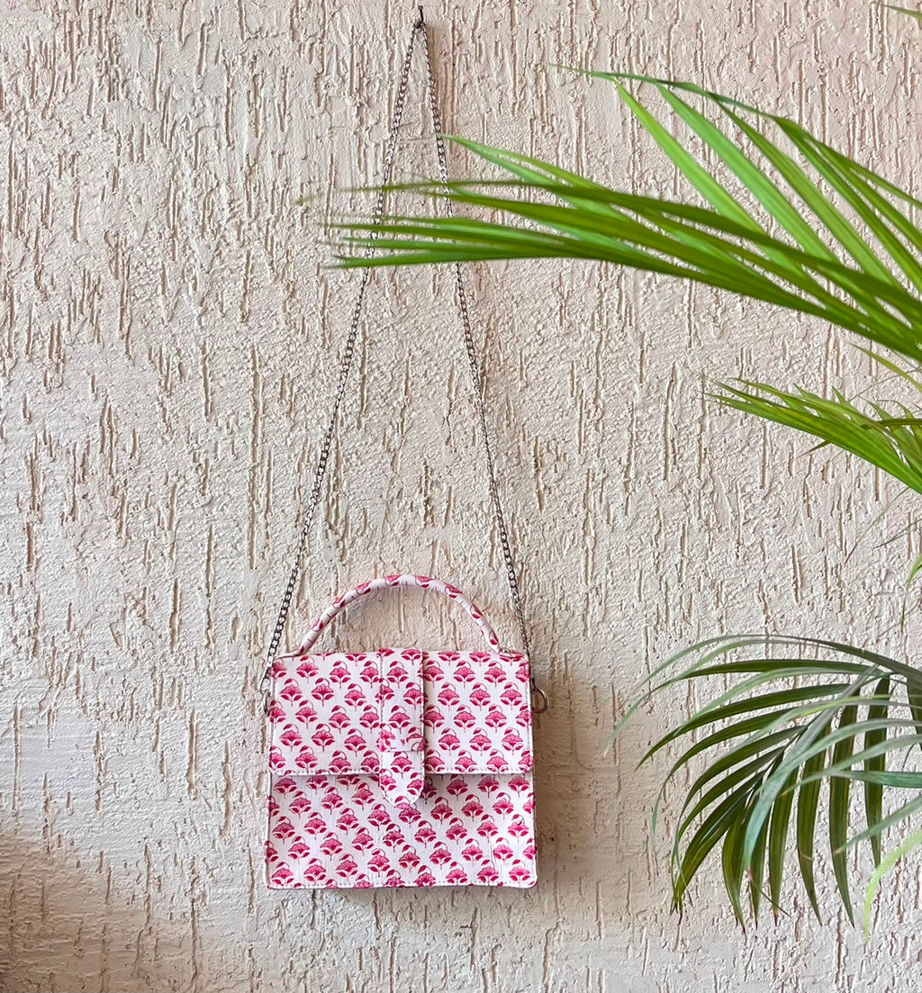 Luxury Hand-Block Print Sling Bag | Women’s Leather-Lined Crossbody l Pink and White Colour
