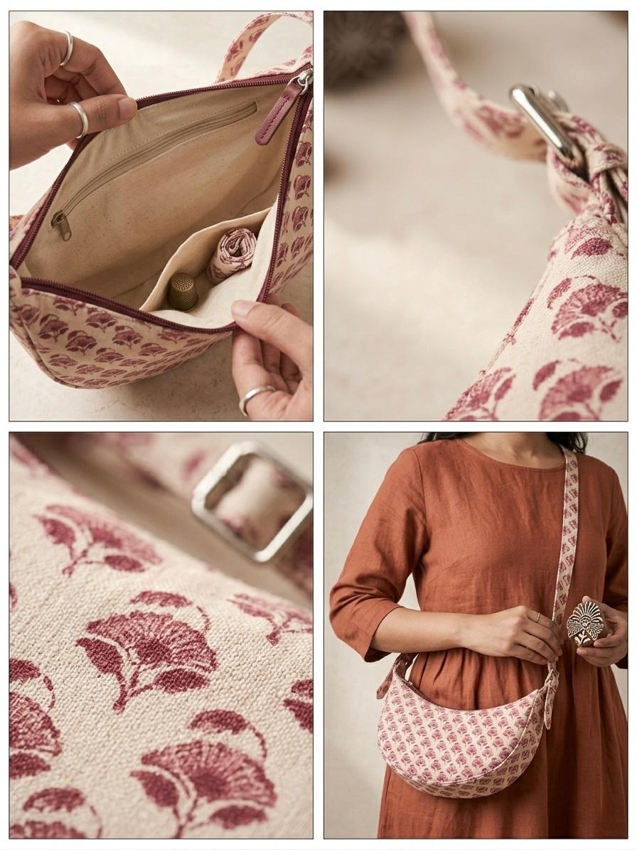 Exquisite Hand-Blocked Cotton Shoulder Pink and White Bag – Premium Leather Lined Accessory