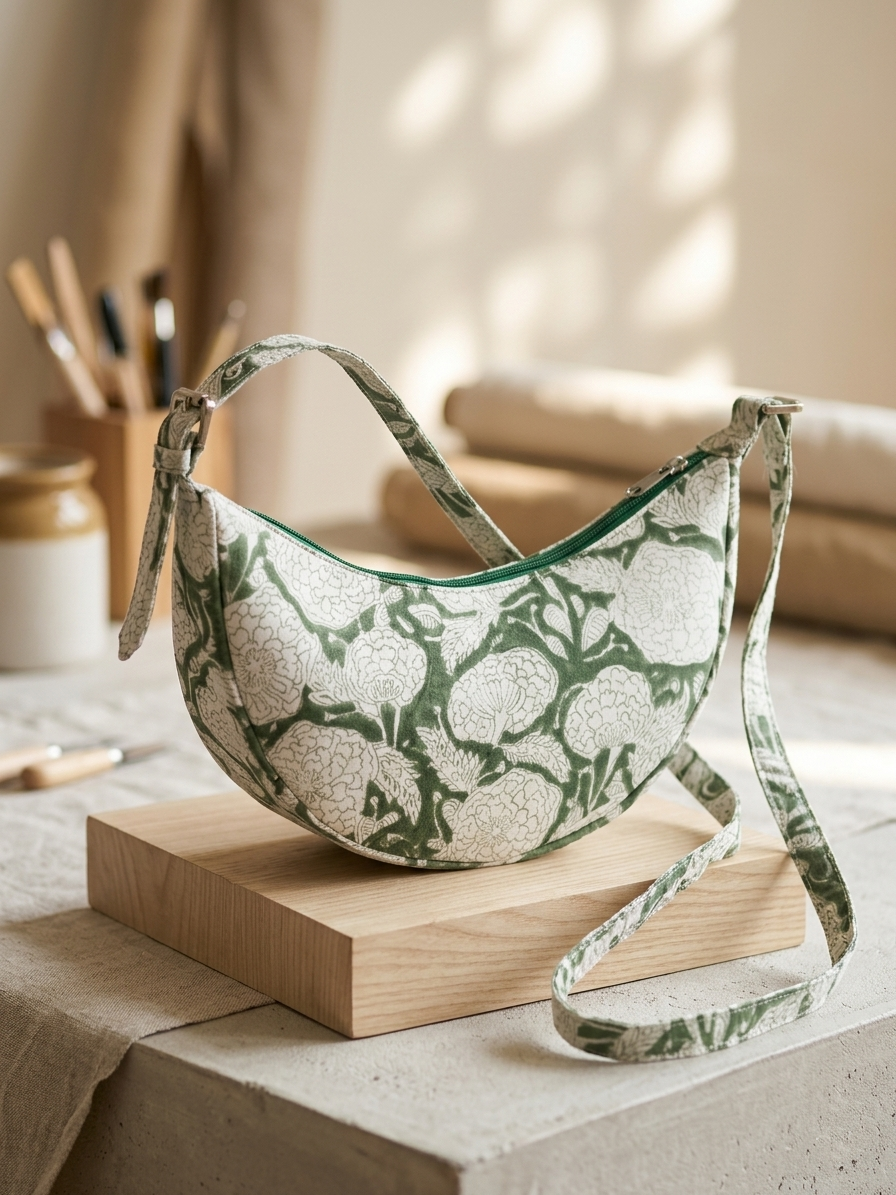 Exquisite Hand-Blocked Cotton Shoulder Green Colour Bag – Premium Leather Lined Accessory