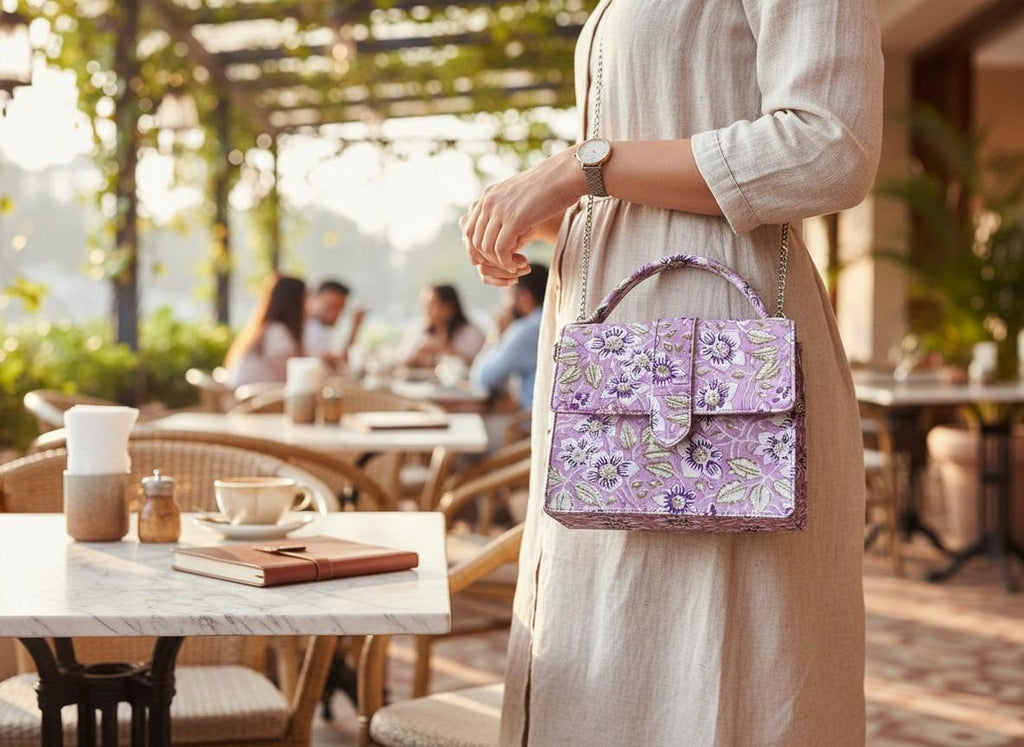Luxury Hand-Block Print Sling Bag | Women’s Leather-Lined Crossbody l Purple and White Colour