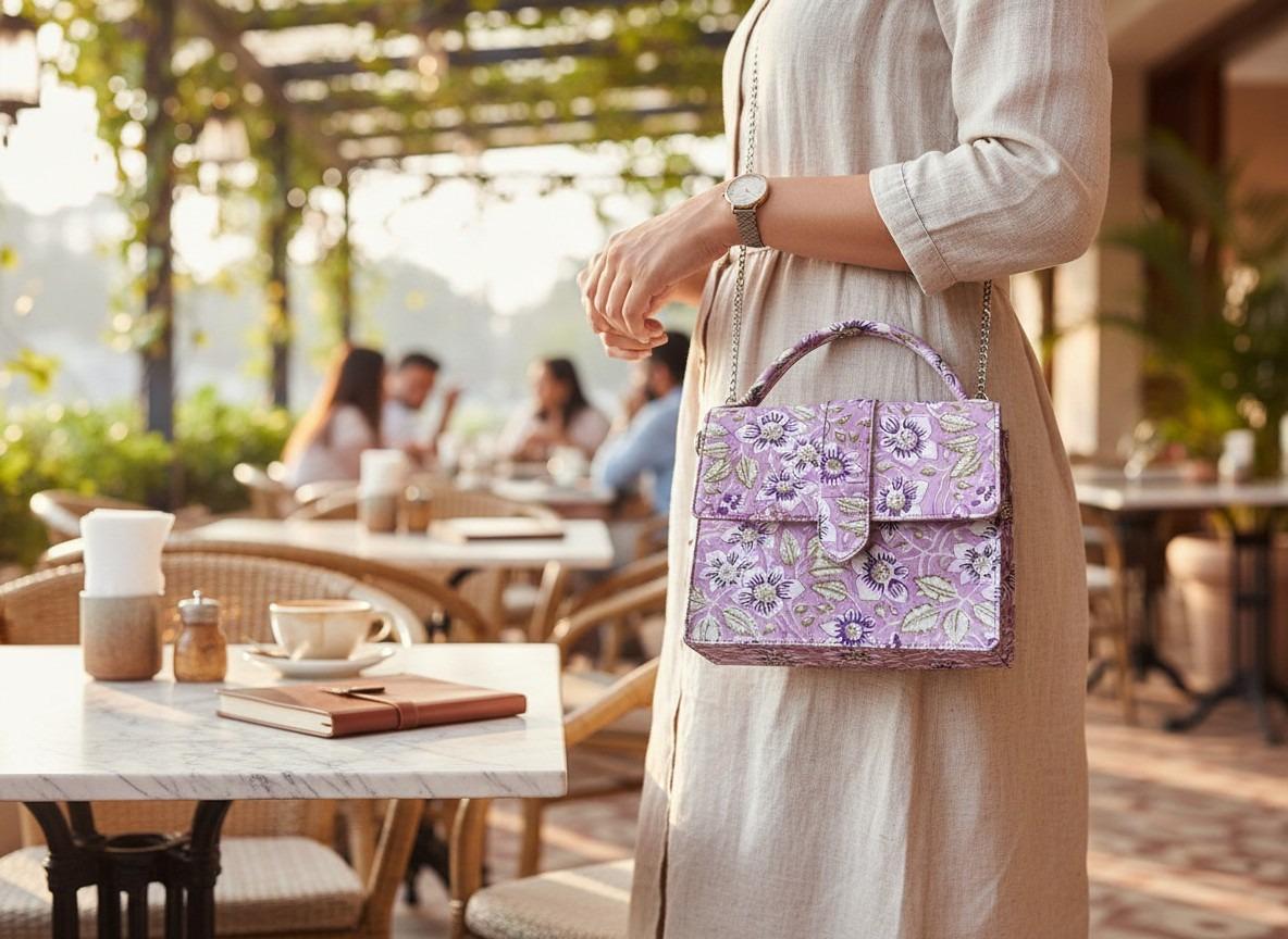 Luxury Hand-Block Print Sling Bag | Women’s Leather-Lined Crossbody l Purple and White Colour