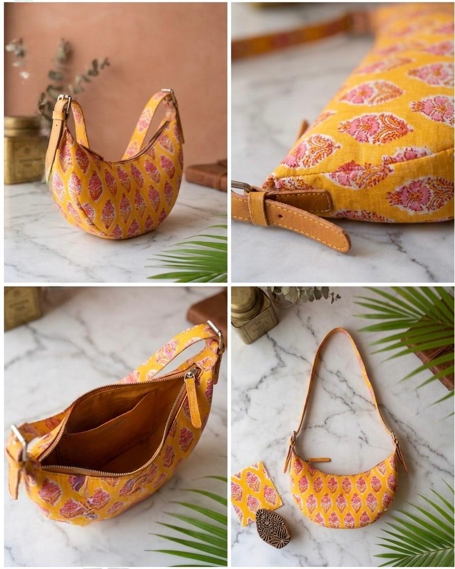 Exquisite Hand-Blocked Cotton Shoulder Yellow and Pink Bag – Premium Leather Lined Accessory