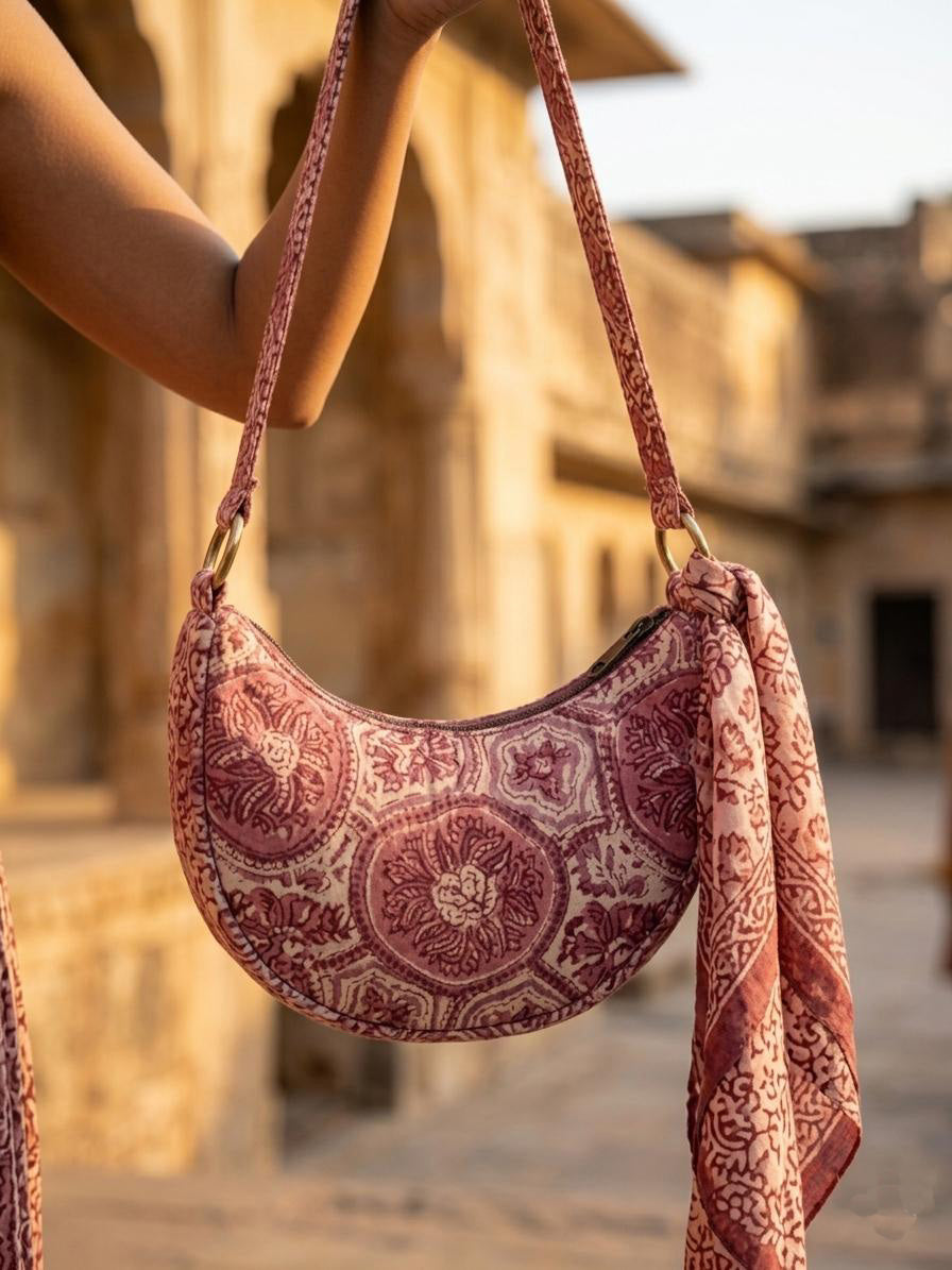 Exquisite Hand-Blocked Cotton Shoulder Pink Colour Bag – Premium Leather Lined Accessory