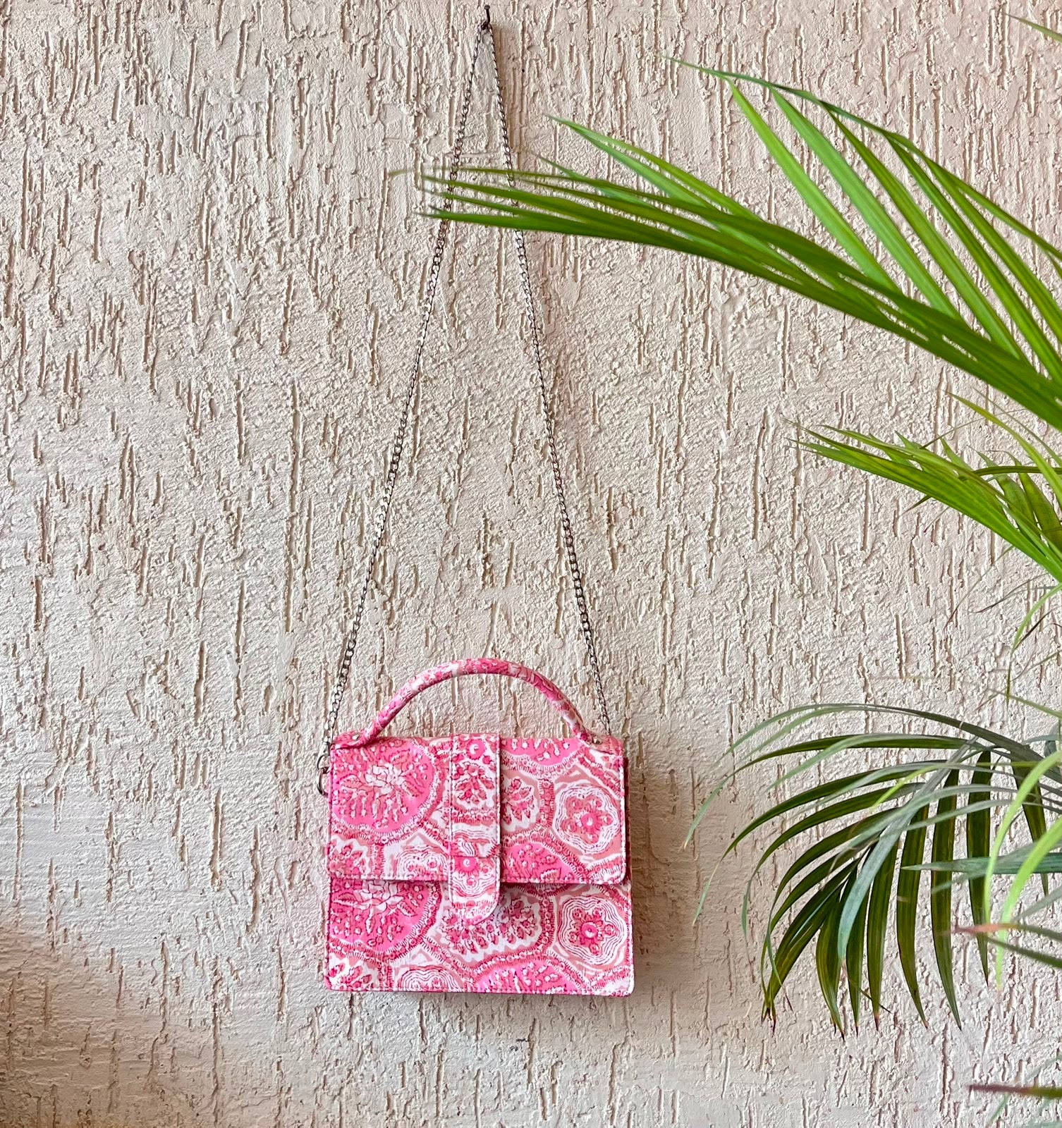 Luxury Hand-Block Print Sling Bag | Women’s Leather-Lined Crossbody l Pink and White Colour