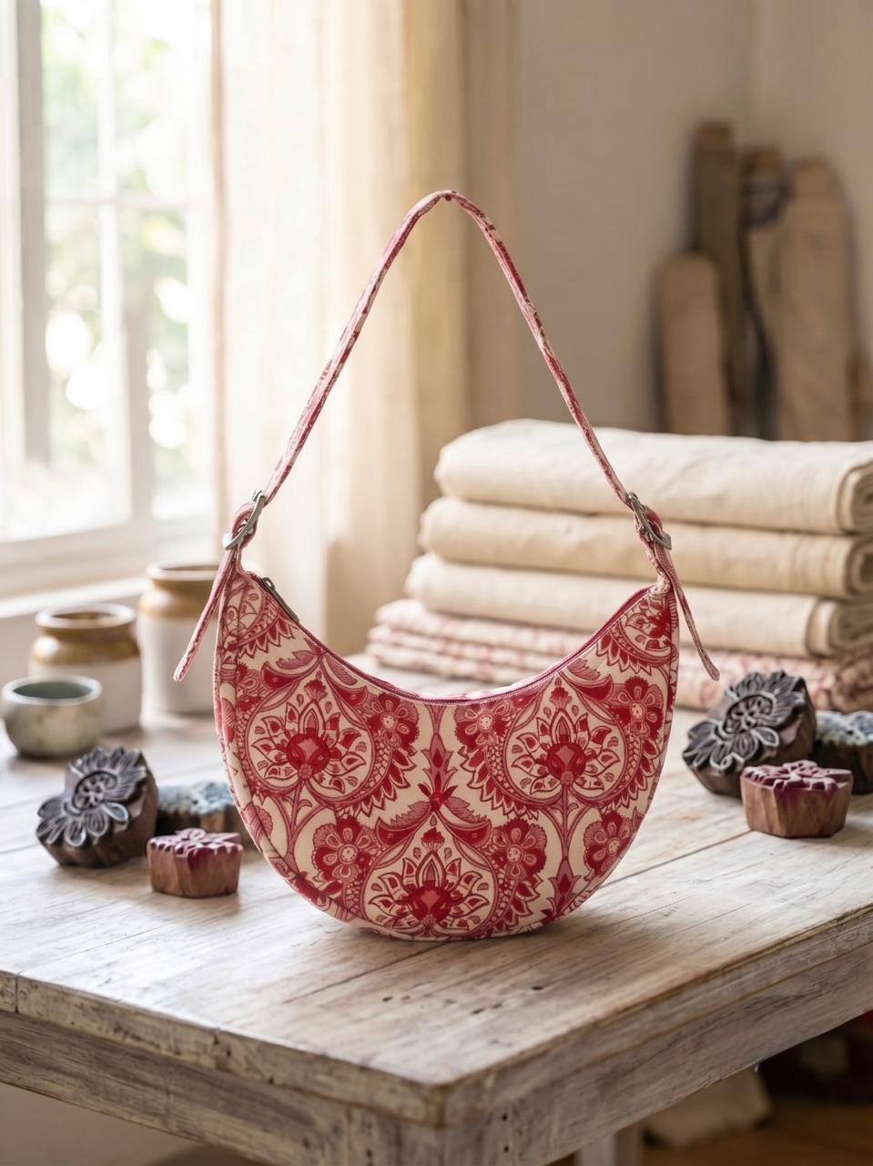 Exquisite Hand-Blocked Cotton Shoulder Pink and White Bag – Premium Leather Lined Accessory