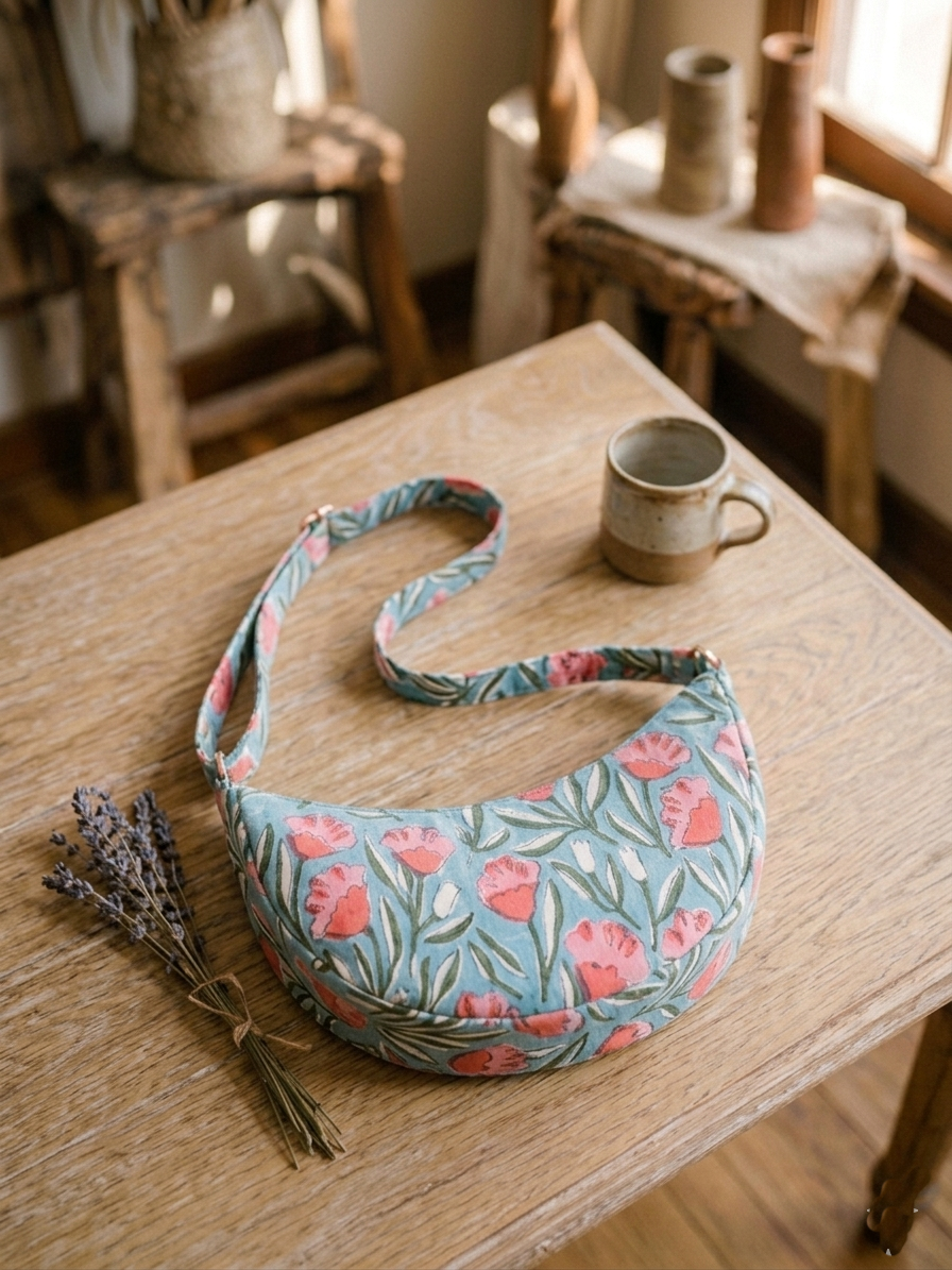 Exquisite Hand-Blocked Cotton Shoulder Bag Blue and Pink – Premium Leather Lined Accessory