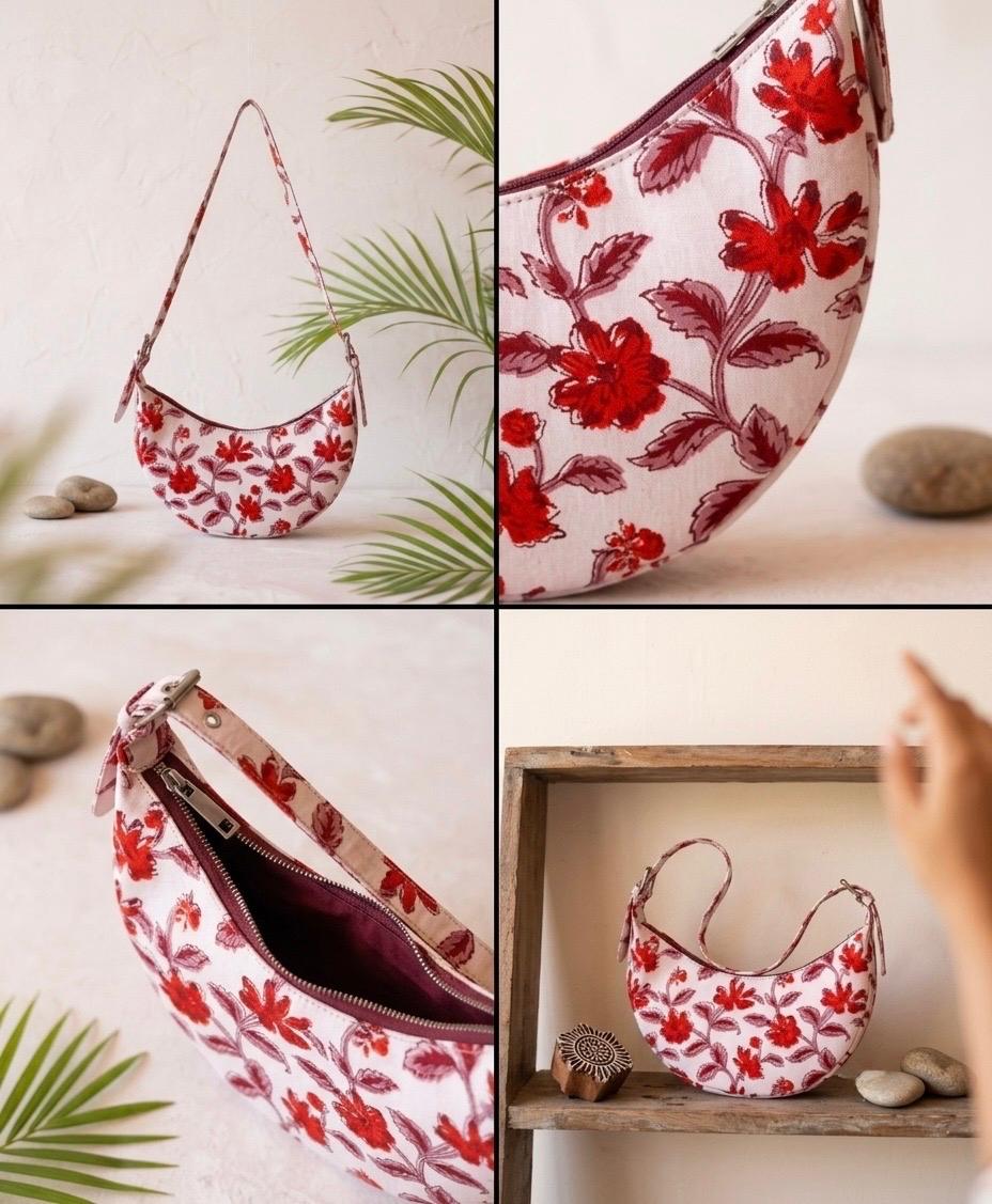 Exquisite Hand-Blocked Cotton Shoulder Red and White Bag – Premium Leather Lined Accessory