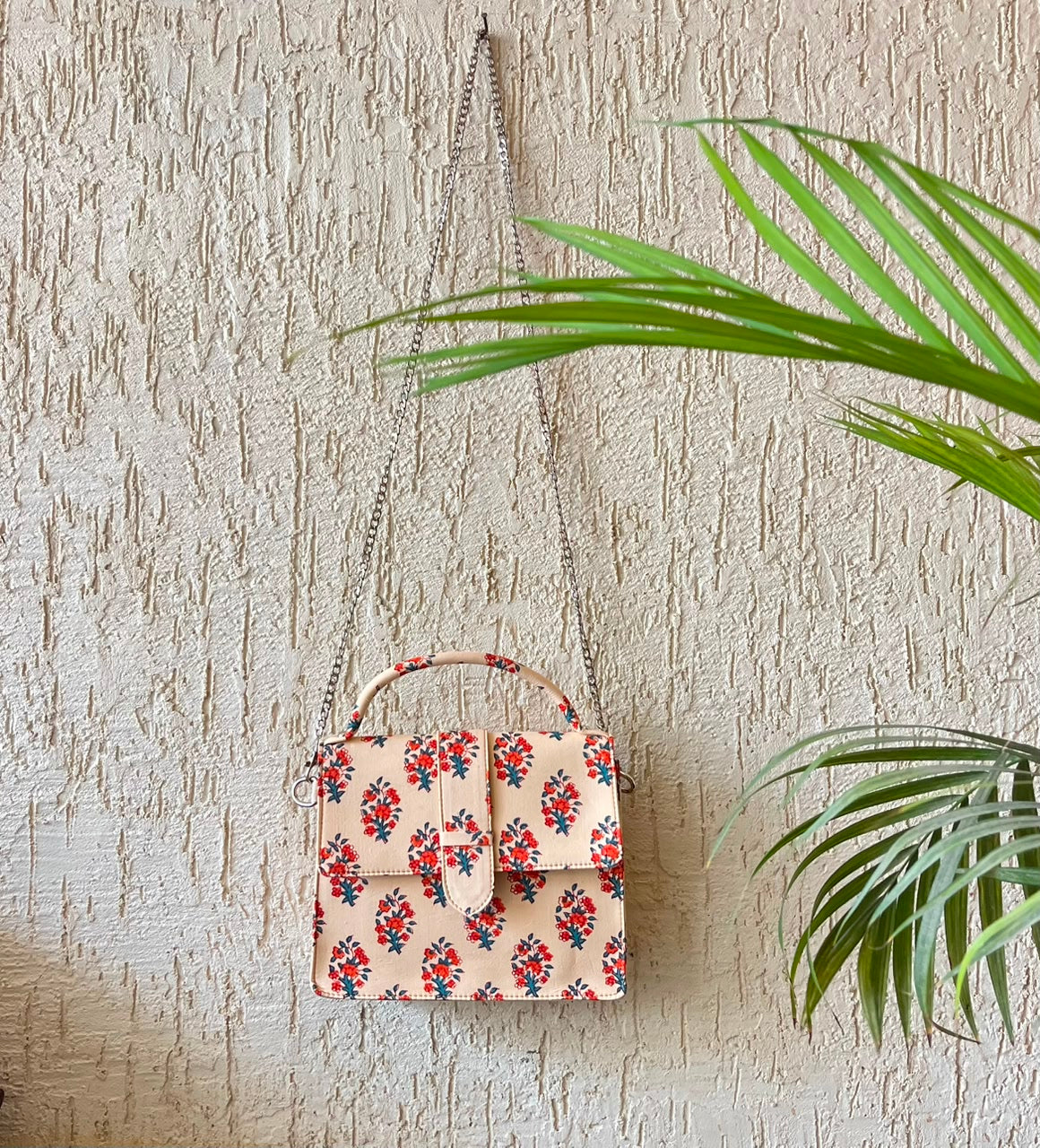 Luxury Hand-Block Print Sling Bag | Women’s Leather-Lined Crossbody l Beige and Red Colour