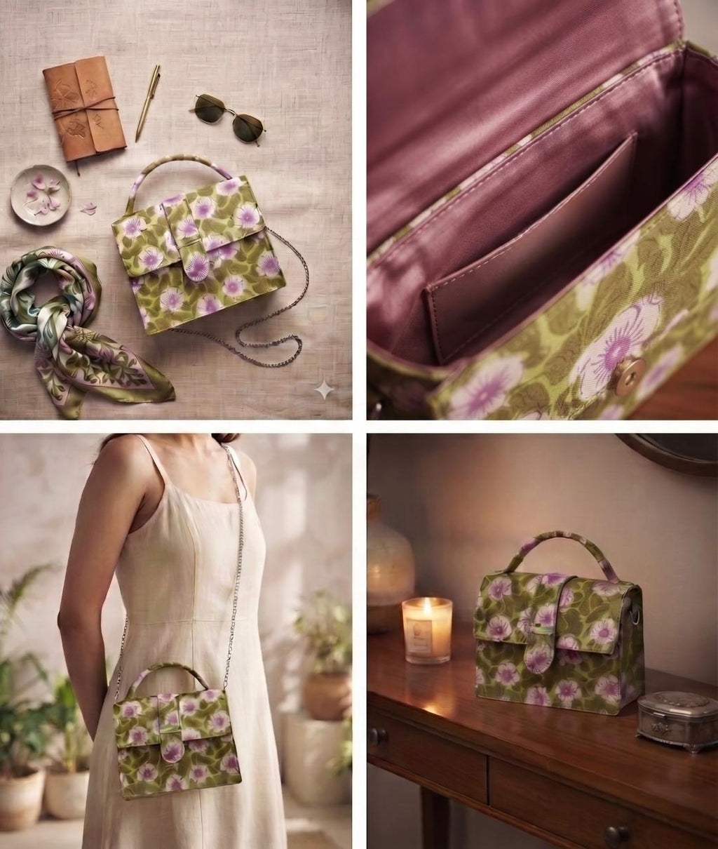 Luxury Hand-Block Print Sling Bag | Women’s Leather-Lined Crossbody l Green and White Colour