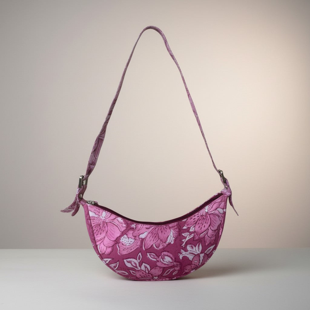 Exquisite Hand-Blocked Cotton Shoulder Pink Colour Bag – Premium Leather Lined Accessory