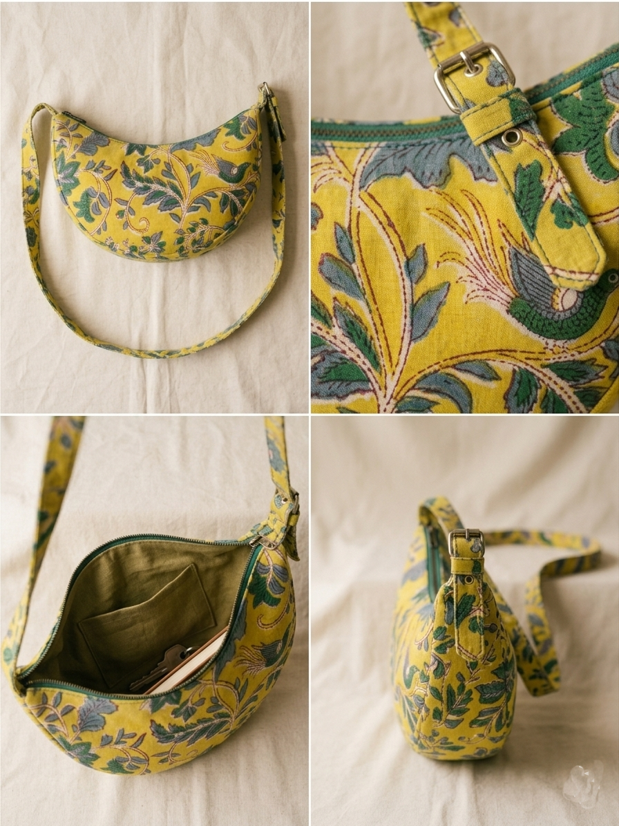 Exquisite Hand-Blocked Cotton Shoulder Yellow and Green Bag – Premium Leather Lined Accessory