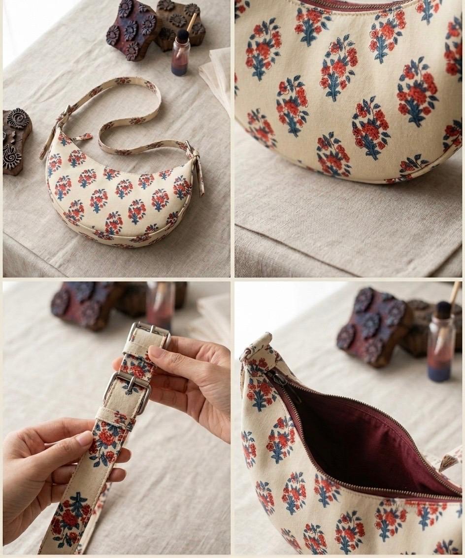 Exquisite Hand-Blocked Cotton Shoulder Red and Beige Bag – Premium Leather Lined Accessory