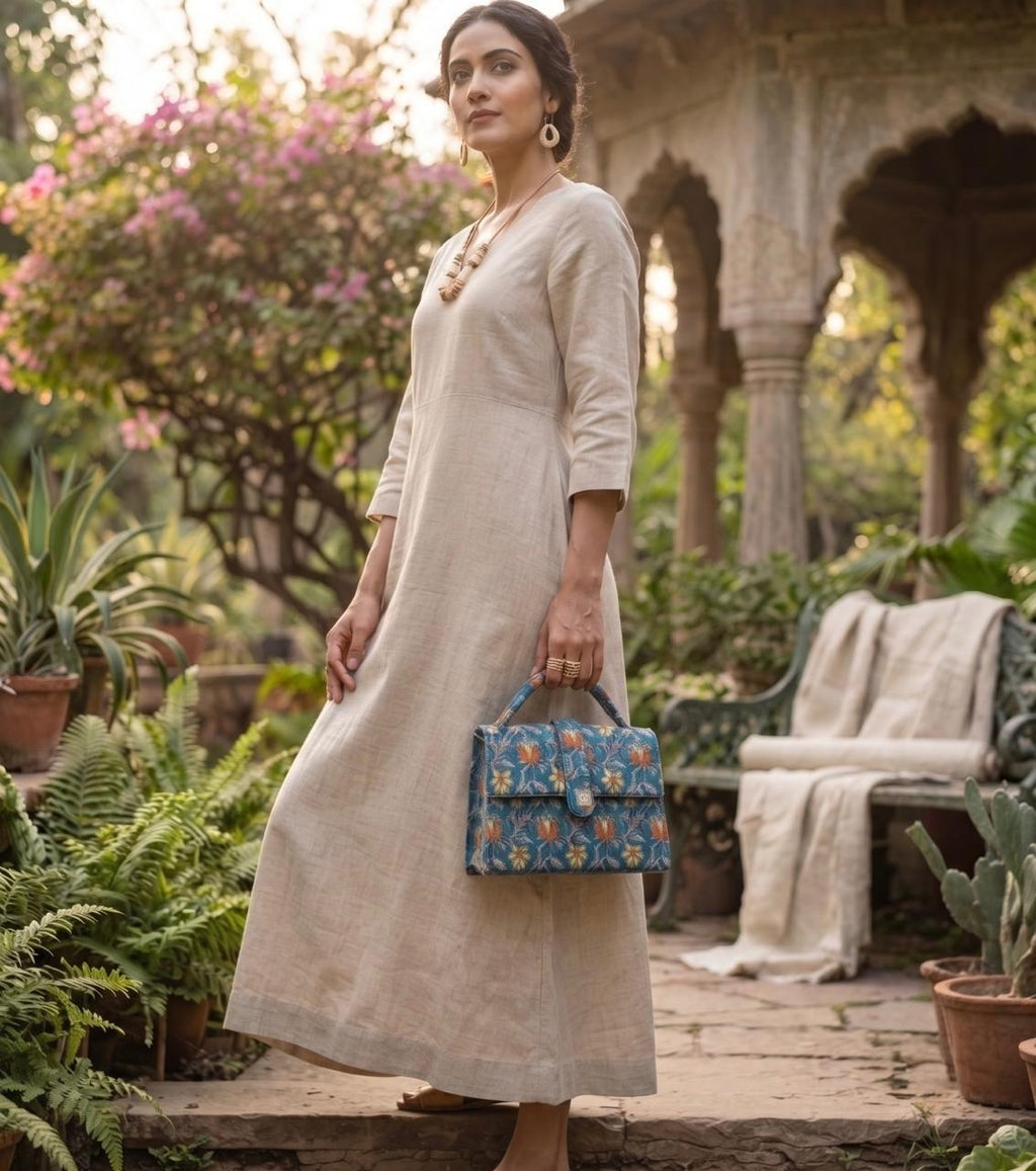 Luxury Hand-Block Print Sling Bag | Women’s Leather-Lined Crossbody l Blue and Orange Colour