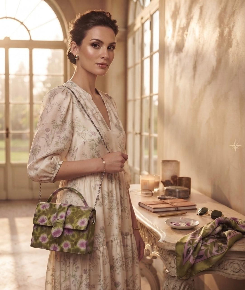 Luxury Hand-Block Print Sling Bag | Women’s Leather-Lined Crossbody l Green and White Colour