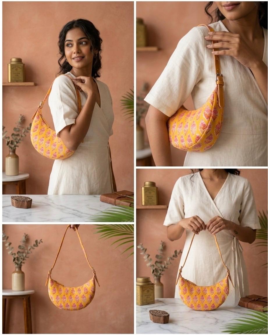 Exquisite Hand-Blocked Cotton Shoulder Yellow and Pink Bag – Premium Leather Lined Accessory
