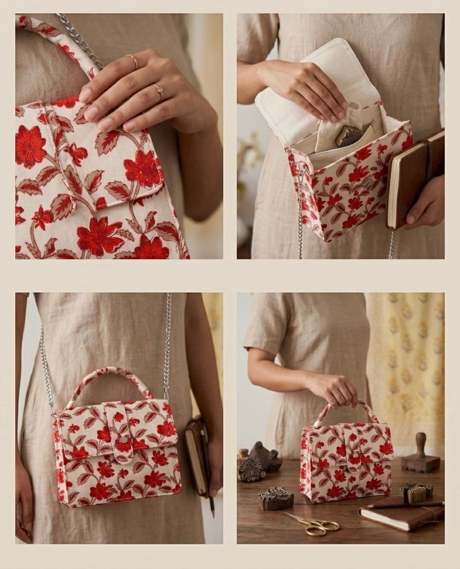 Luxury Hand-Block Print Sling Bag | Women’s Leather-Lined Crossbody l Red and White Colour