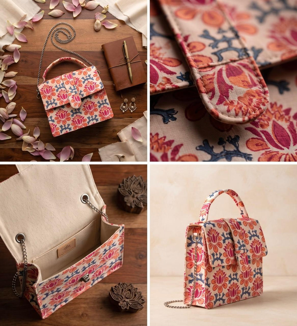 Luxury Hand-Block Print Sling Bag | Women’s Leather-Lined Crossbody l Blue and Orange Colour