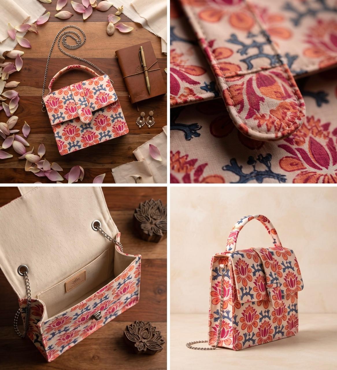 Luxury Hand-Block Print Sling Bag | Women’s Leather-Lined Crossbody l Blue and Orange Colour