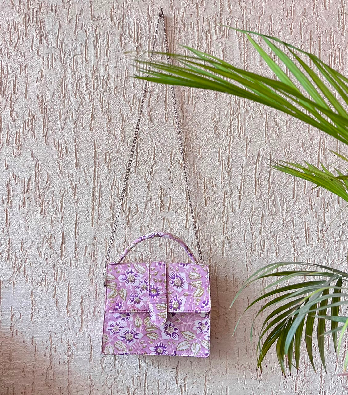 Luxury Hand-Block Print Sling Bag | Women’s Leather-Lined Crossbody l Purple and White Colour