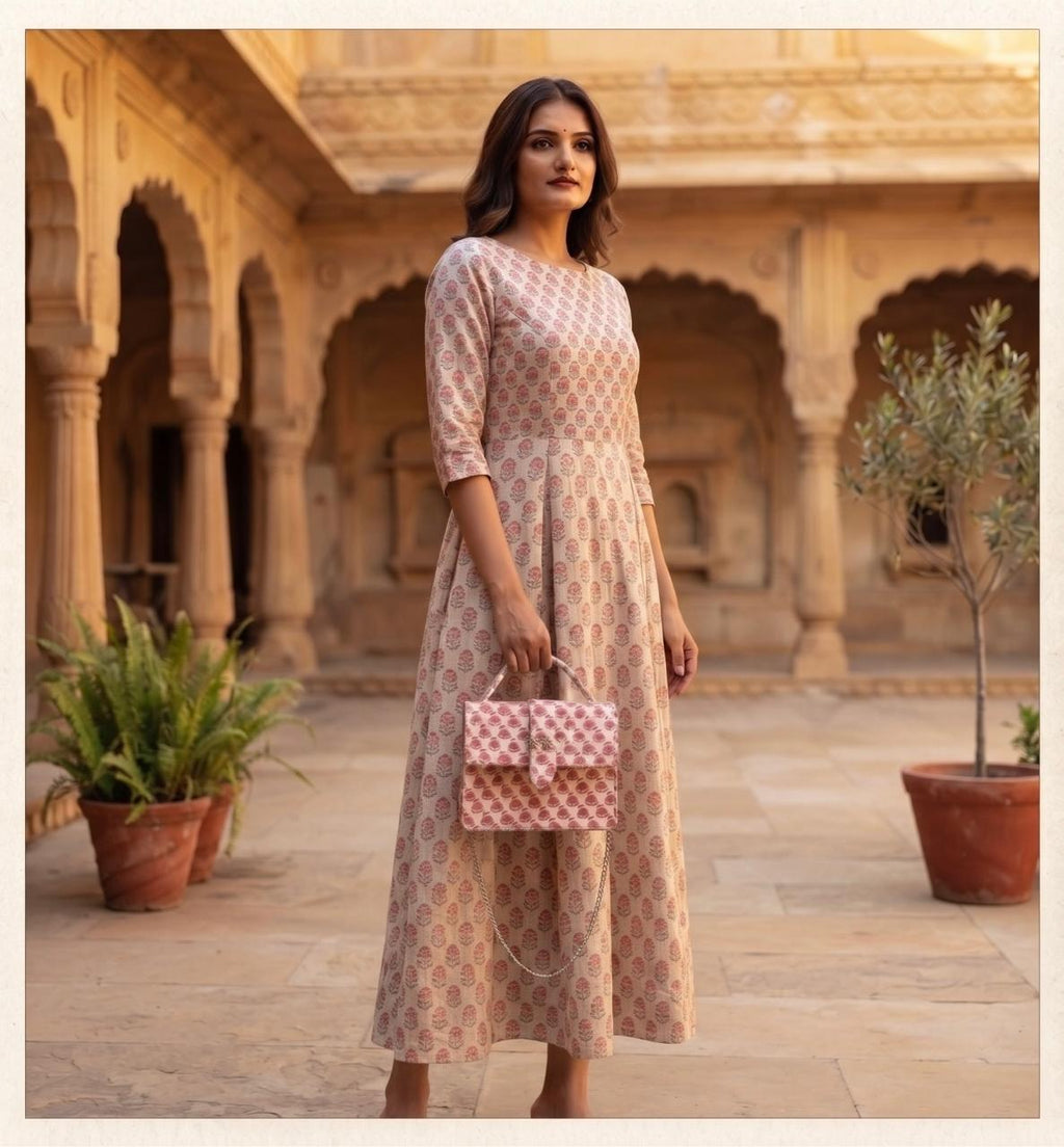 Luxury Hand-Block Print Sling Bag | Women’s Leather-Lined Crossbody l Pink and White Colour