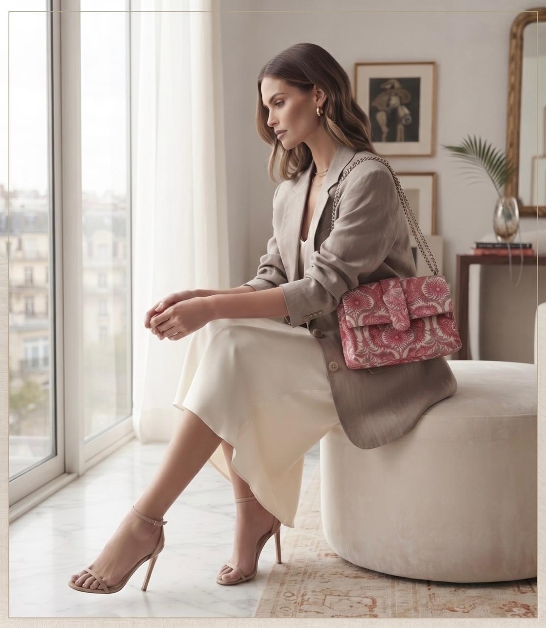 Luxury Hand-Block Print Sling Bag | Women’s Leather-Lined Crossbody l Pink and White Colour