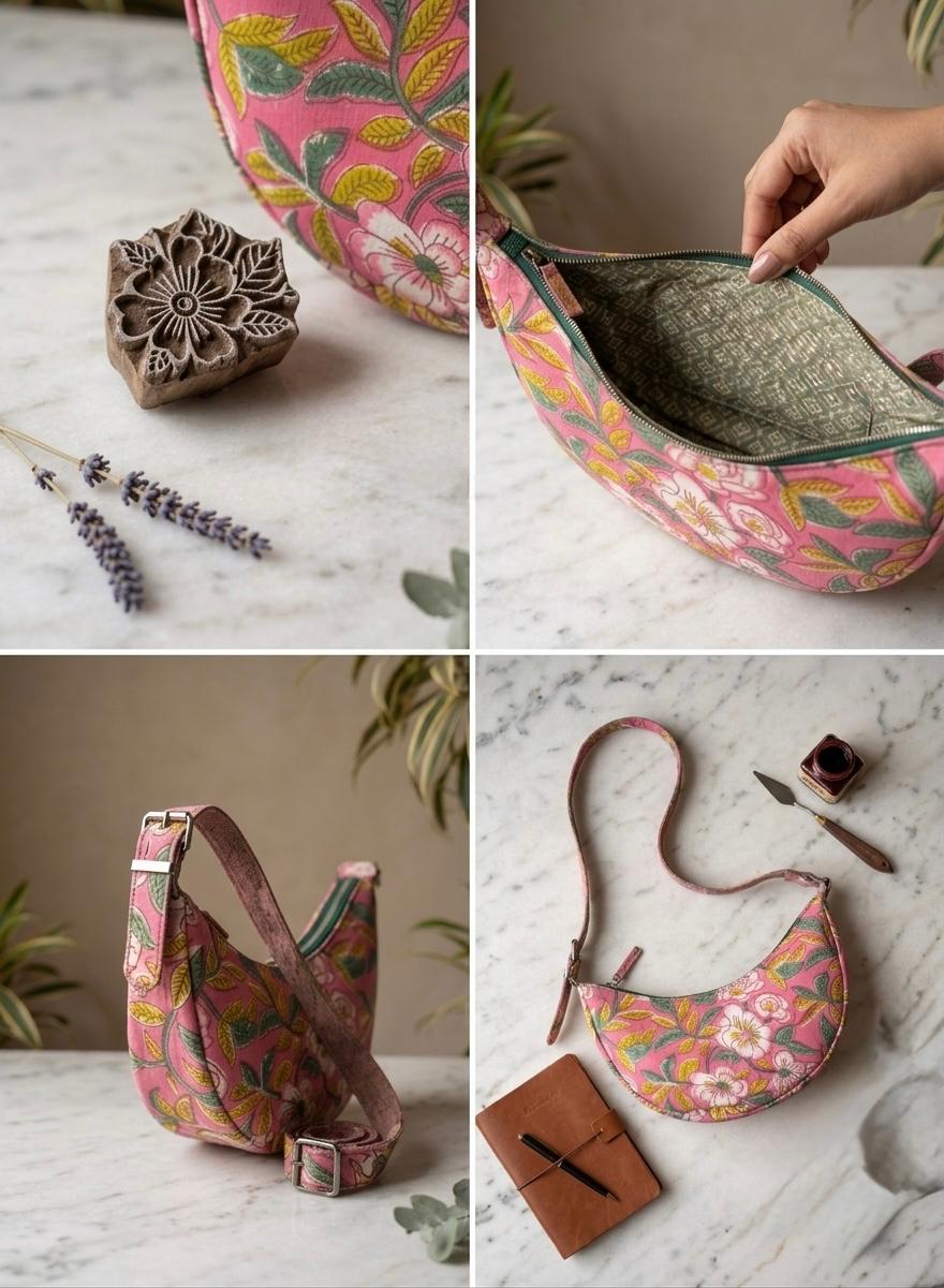 Exquisite Hand-Blocked Cotton Shoulder Pink and Green Bag – Premium Leather Lined Accessory