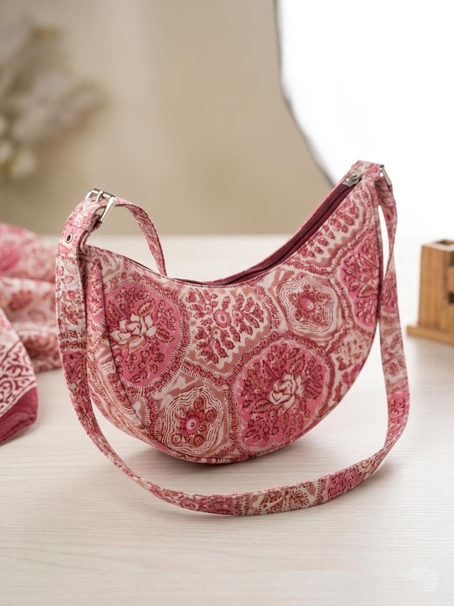 Exquisite Hand-Blocked Cotton Shoulder Pink Colour Bag – Premium Leather Lined Accessory