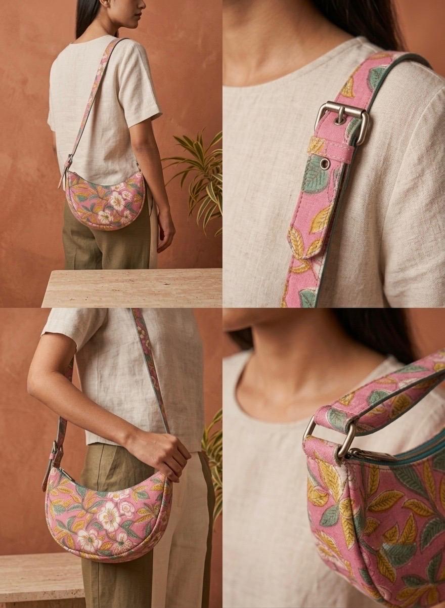 Exquisite Hand-Blocked Cotton Shoulder Pink and Green Bag – Premium Leather Lined Accessory