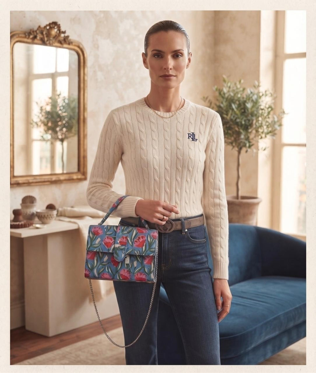 Luxury Hand-Block Print Sling Bag | Women’s Leather-Lined Crossbody l Blue and Red Colour