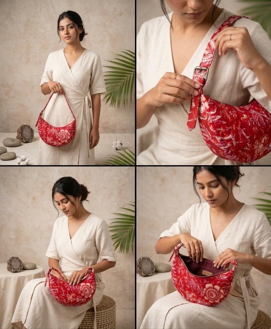 Exquisite Hand-Blocked Cotton Shoulder Red and White Bag – Premium Leather Lined Accessory