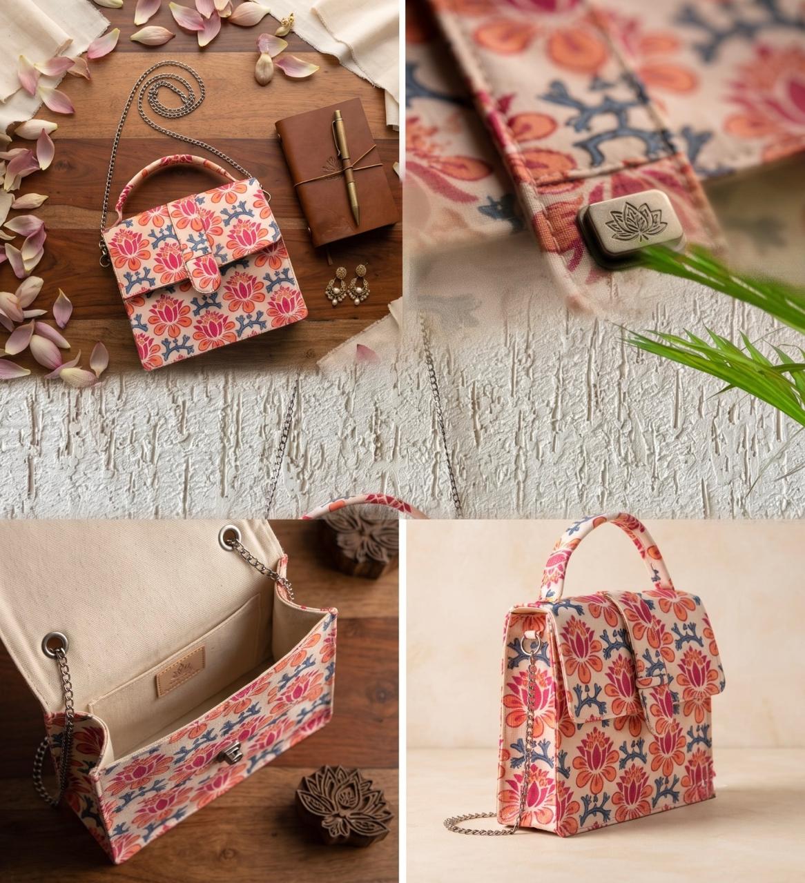 Luxury Hand-Block Print Sling Bag | Women’s Leather-Lined Crossbody l Blue and Orange Colour