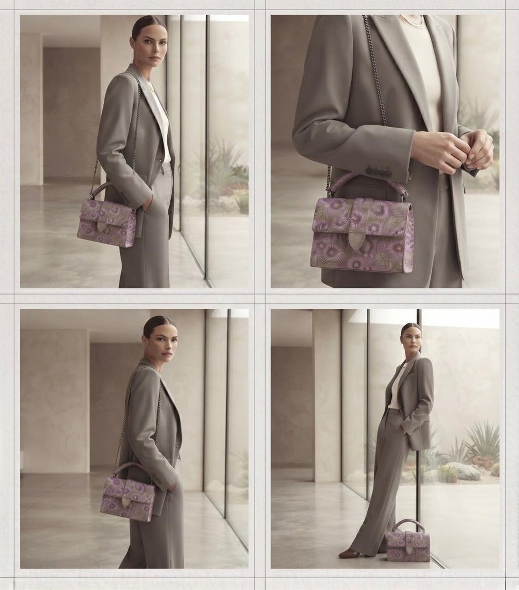Luxury Hand-Block Print Sling Bag | Women’s Leather-Lined Crossbody l Purple and White Colour