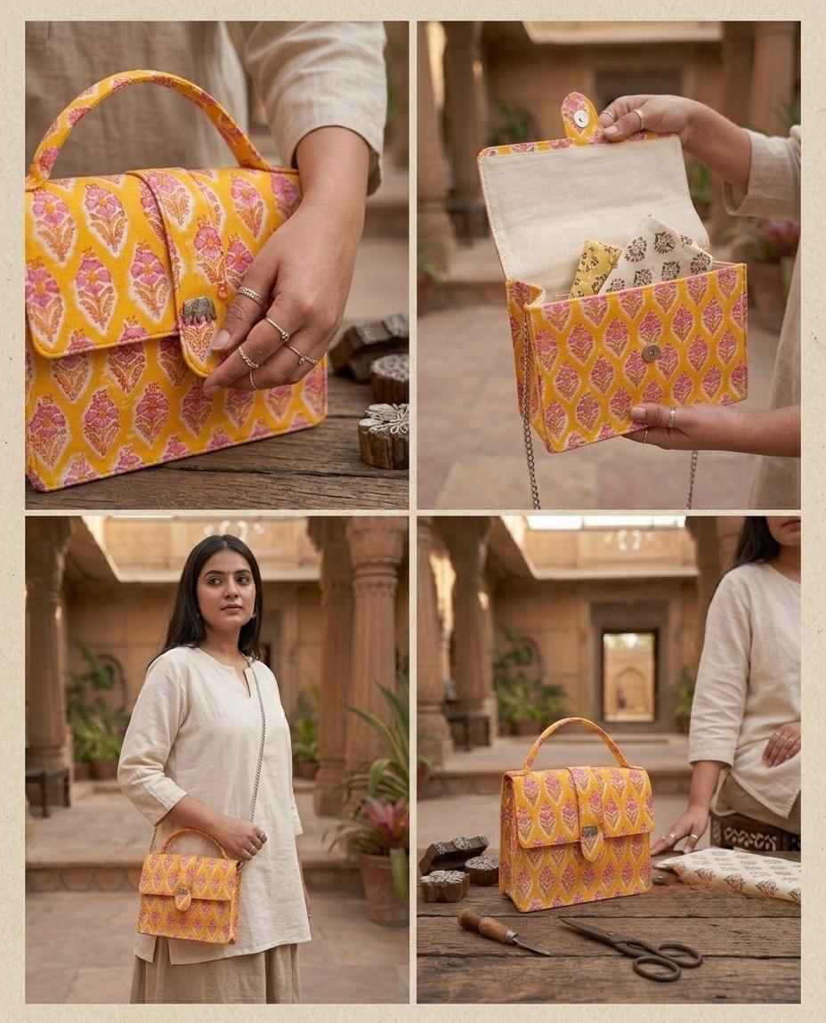 Luxury Hand-Block Print Sling Bag | Women’s Leather-Lined Crossbody l Yellow and Pink Colour