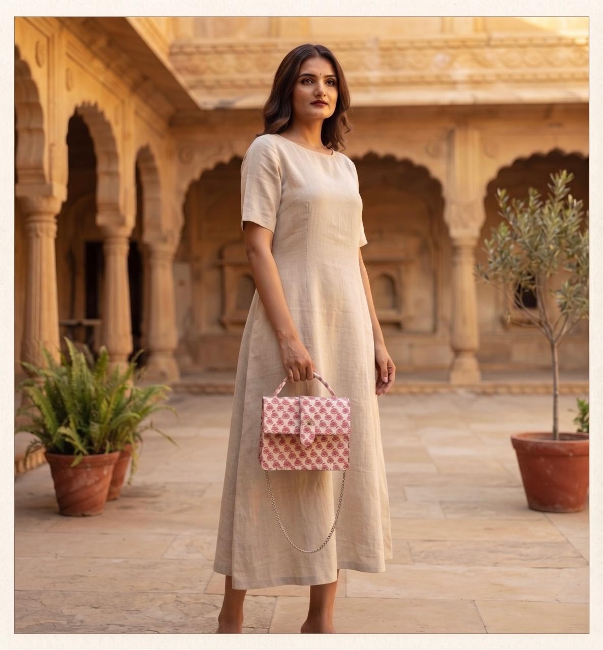 Luxury Hand-Block Print Sling Bag | Women’s Leather-Lined Crossbody l Pink and White Colour