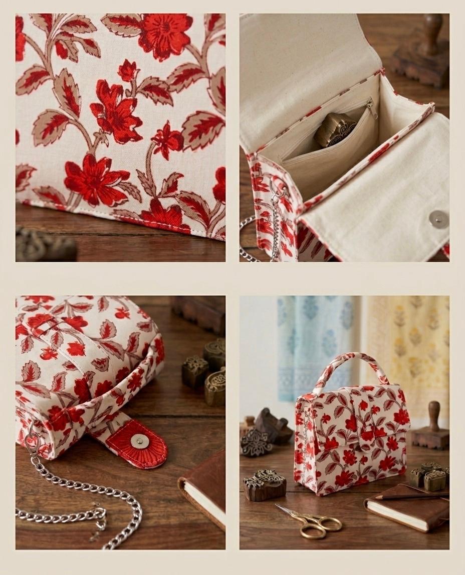 Luxury Hand-Block Print Sling Bag | Women’s Leather-Lined Crossbody l Red and White Colour