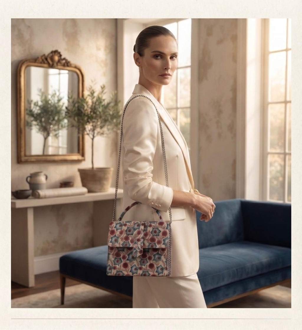 Luxury Hand-Block Print Sling Bag | Women’s Leather-Lined Crossbody l Red and White Colour