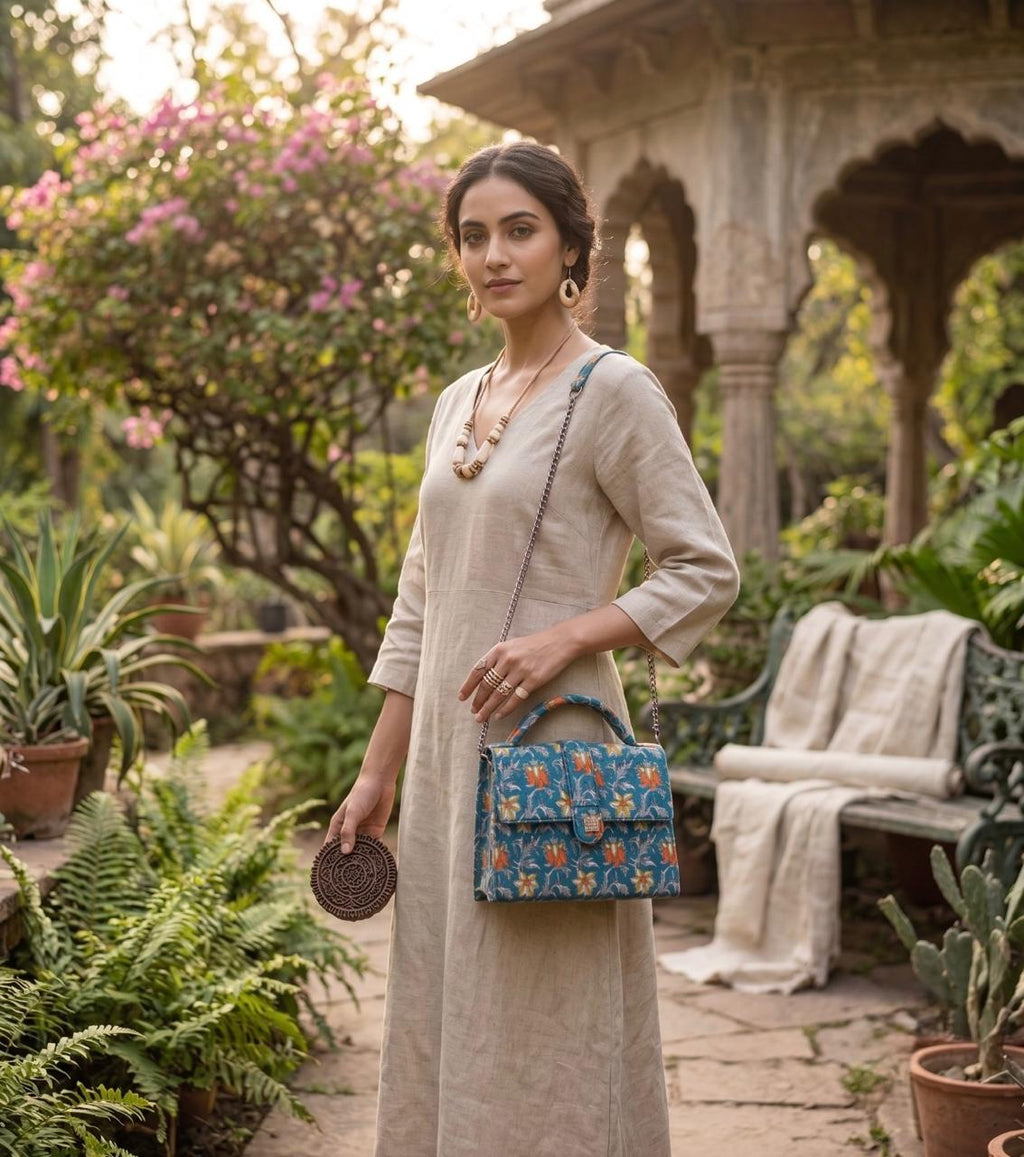 Luxury Hand-Block Print Sling Bag | Women’s Leather-Lined Crossbody l Blue and Orange Colour