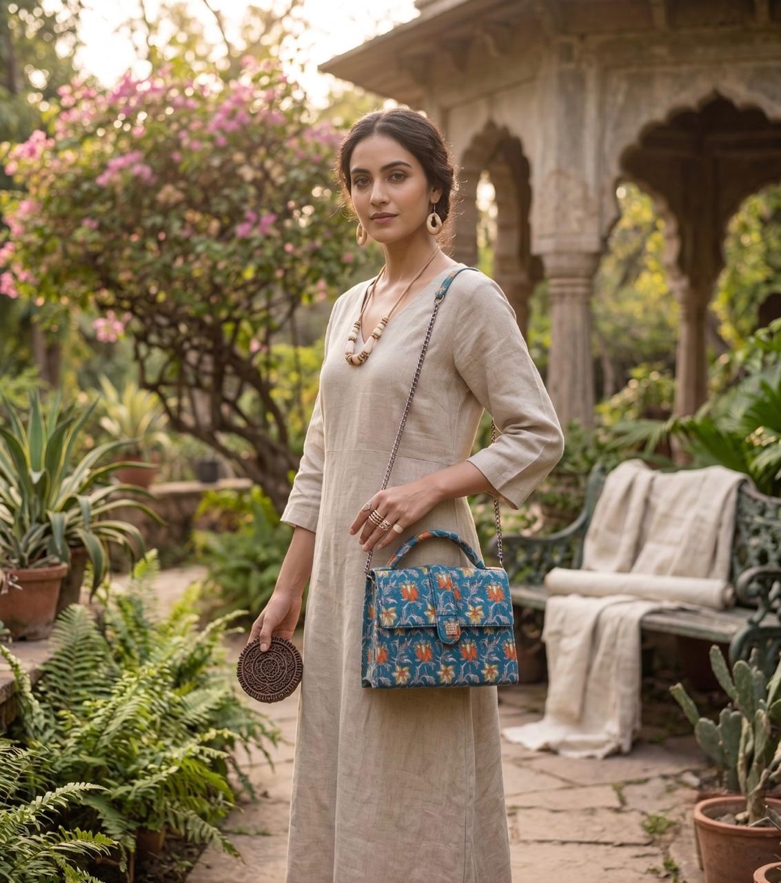 Luxury Hand-Block Print Sling Bag | Women’s Leather-Lined Crossbody l Blue and Orange Colour