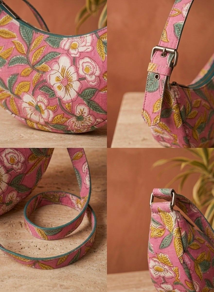 Exquisite Hand-Blocked Cotton Shoulder Pink and Green Bag – Premium Leather Lined Accessory