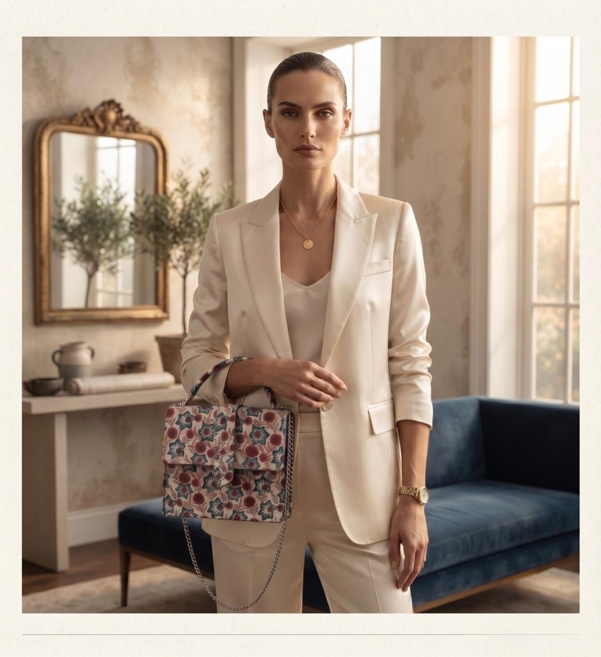 Luxury Hand-Block Print Sling Bag | Women’s Leather-Lined Crossbody l Red and White Colour