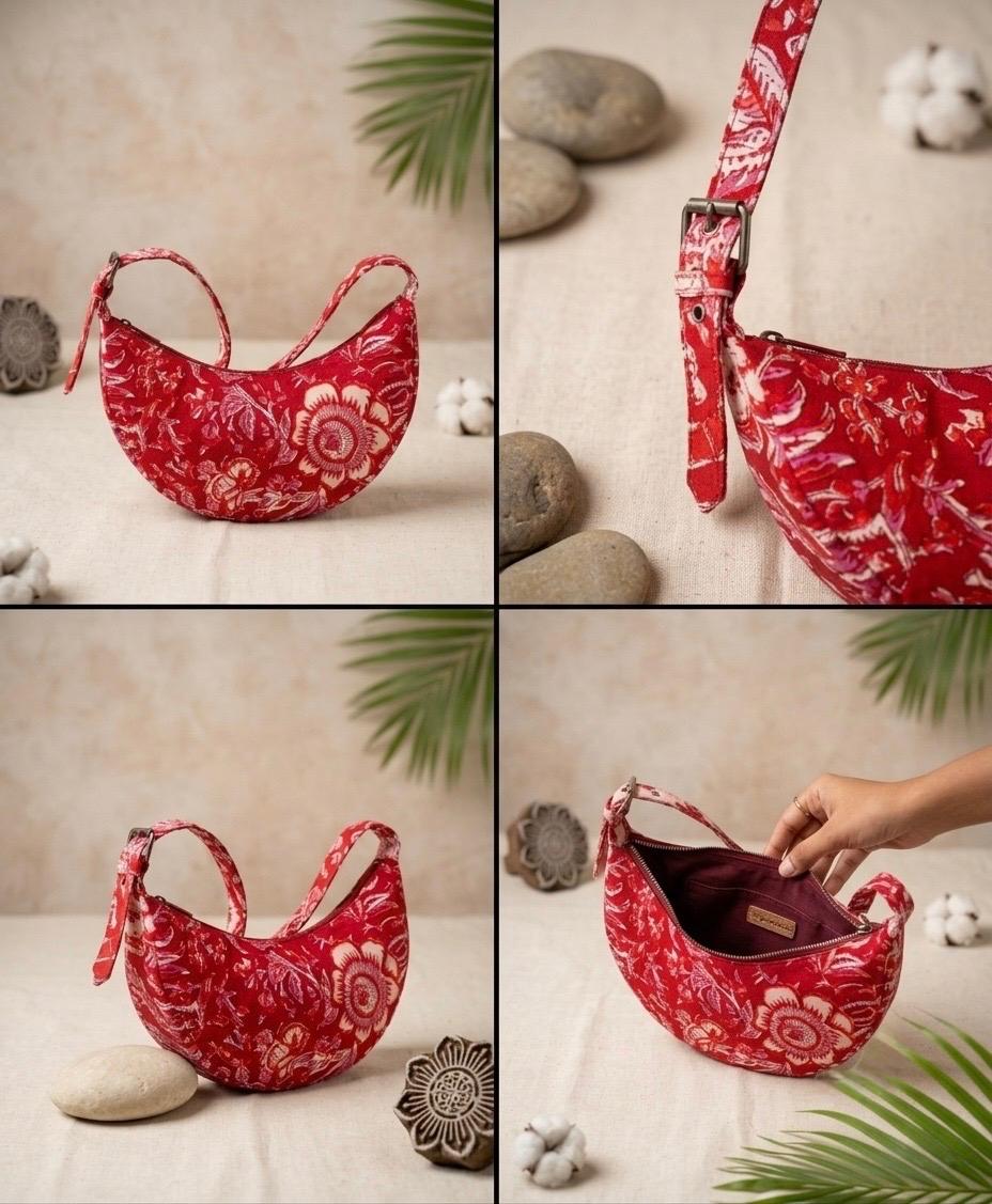 Exquisite Hand-Blocked Cotton Shoulder Red and White Bag – Premium Leather Lined Accessory