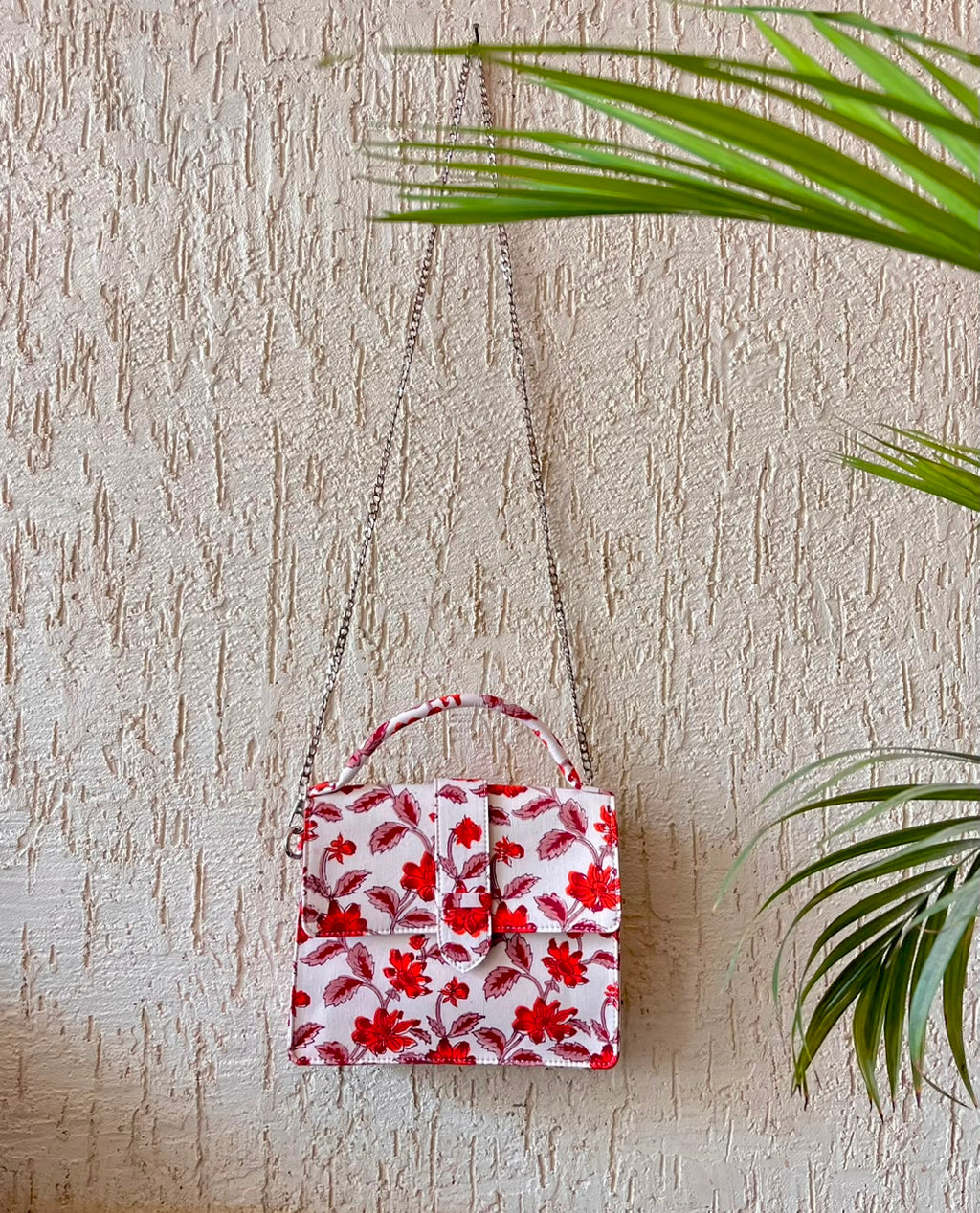 Luxury Hand-Block Print Sling Bag | Women’s Leather-Lined Crossbody l Red and White Colour