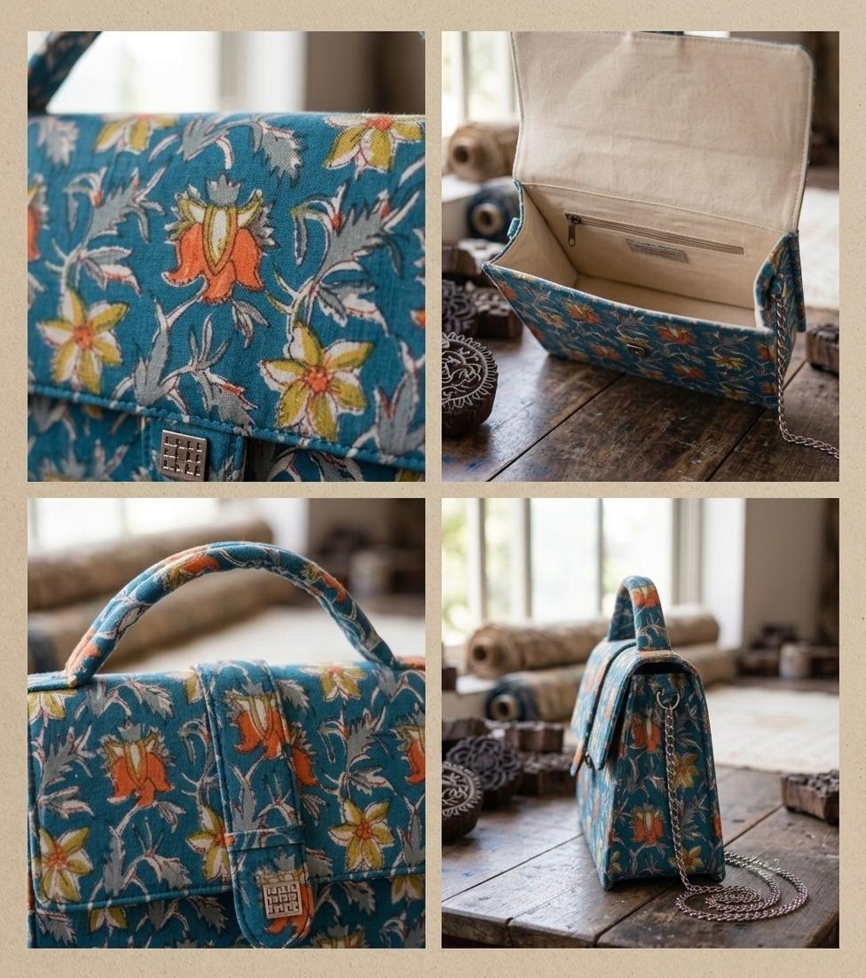 Luxury Hand-Block Print Sling Bag | Women’s Leather-Lined Crossbody l Blue and Orange Colour