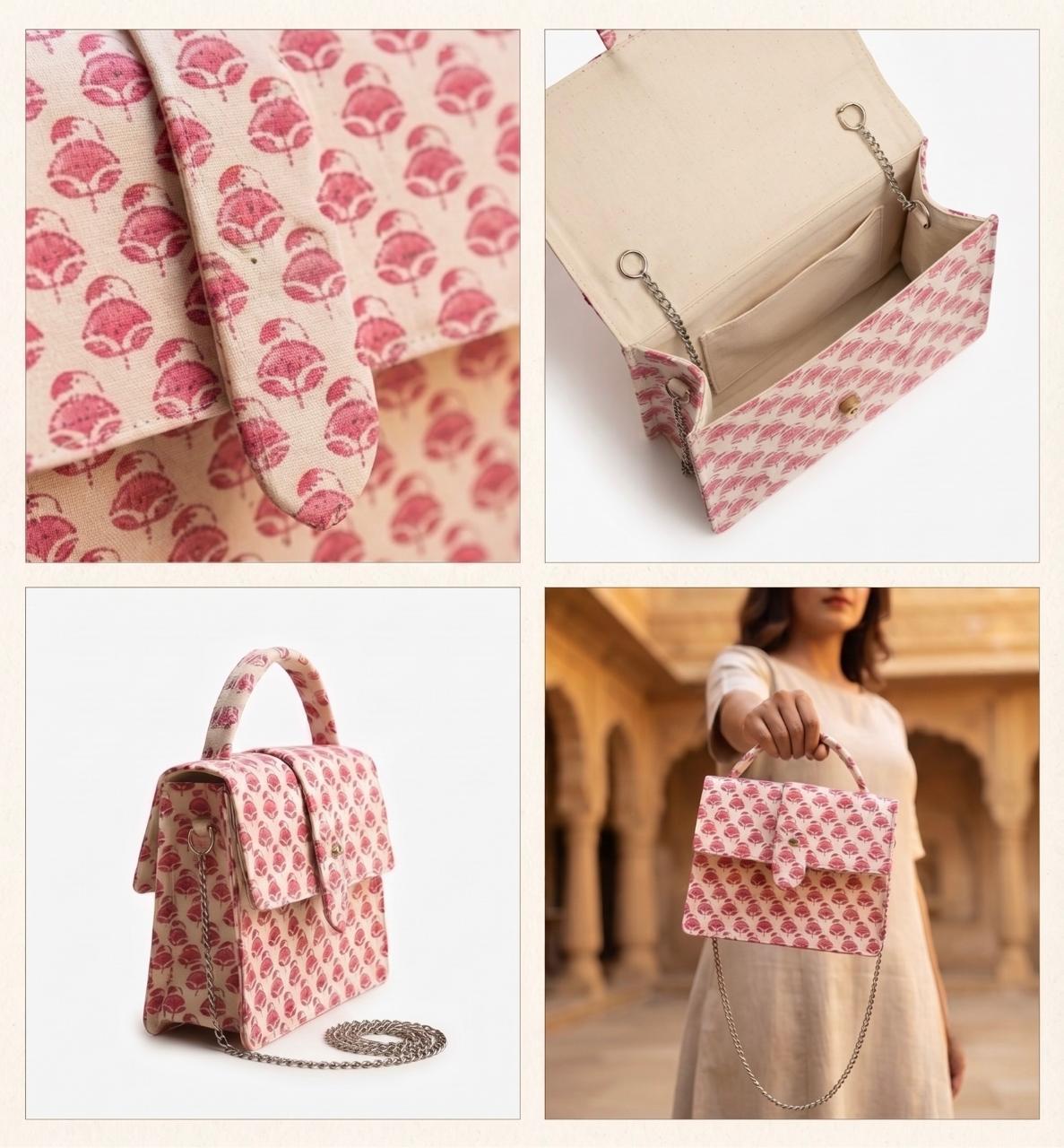 Luxury Hand-Block Print Sling Bag | Women’s Leather-Lined Crossbody l Pink and White Colour