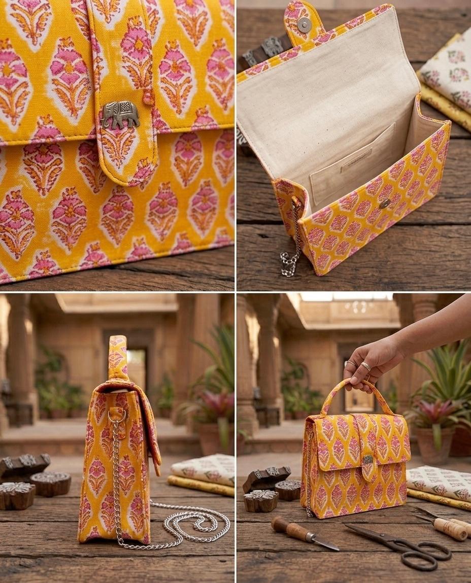 Luxury Hand-Block Print Sling Bag | Women’s Leather-Lined Crossbody l Yellow and Pink Colour