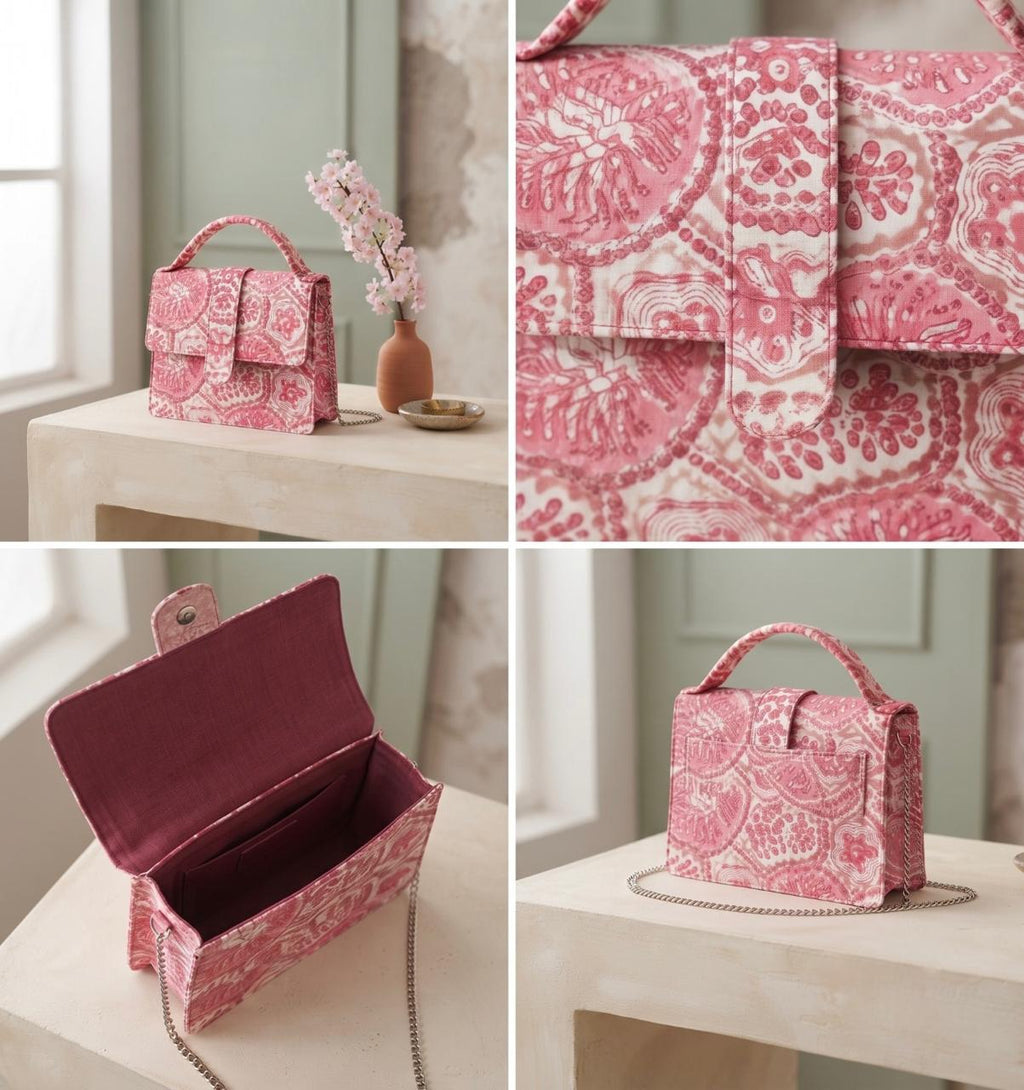 Luxury Hand-Block Print Sling Bag | Women’s Leather-Lined Crossbody l Pink and White Colour
