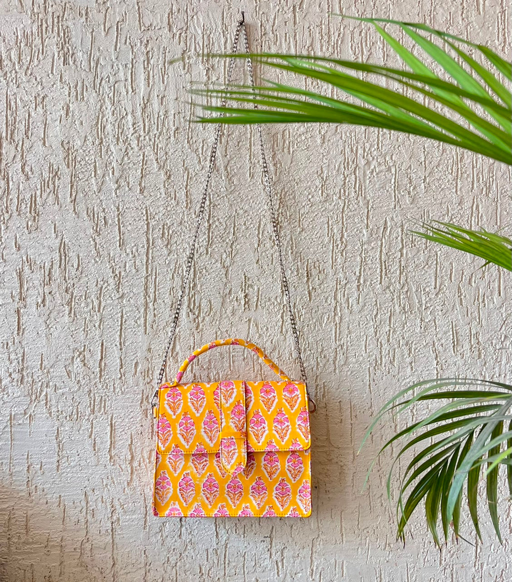 Luxury Hand-Block Print Sling Bag | Women’s Leather-Lined Crossbody l Yellow and Pink Colour