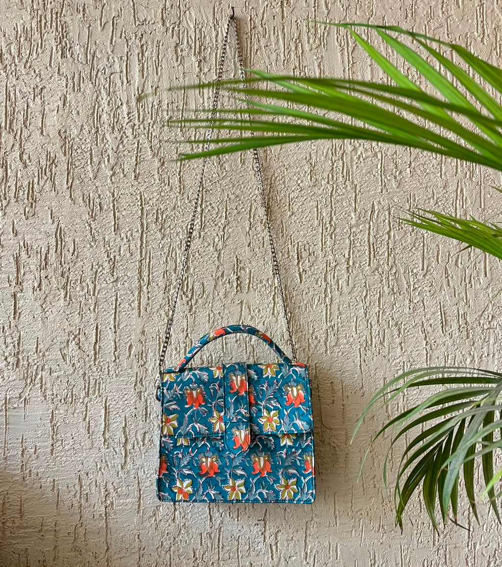 Luxury Hand-Block Print Sling Bag | Women’s Leather-Lined Crossbody l Blue and Orange Colour