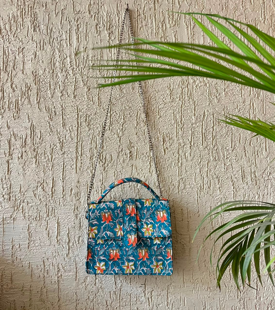 Luxury Hand-Block Print Sling Bag | Women’s Leather-Lined Crossbody l Blue and Orange Colour