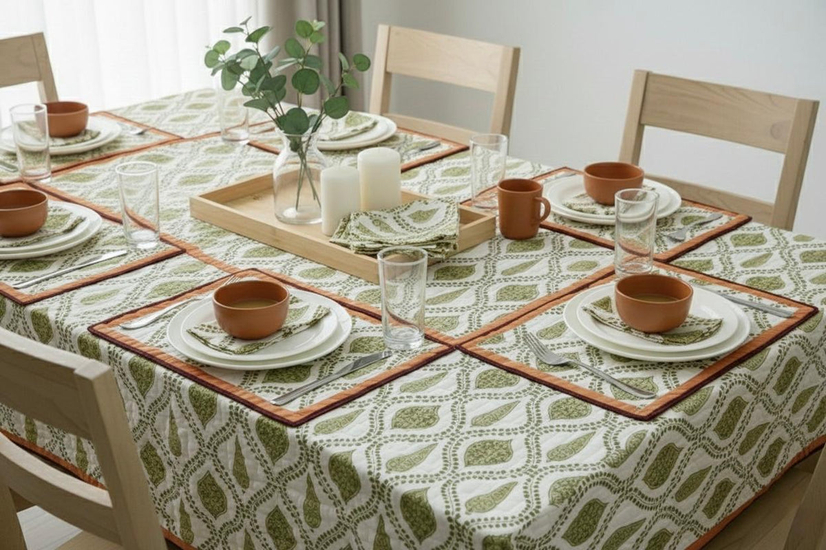 Hand Block Printed Green & White Table Linen Set – Table Cover, Runner, Placemats & Napkins | Tablecloth